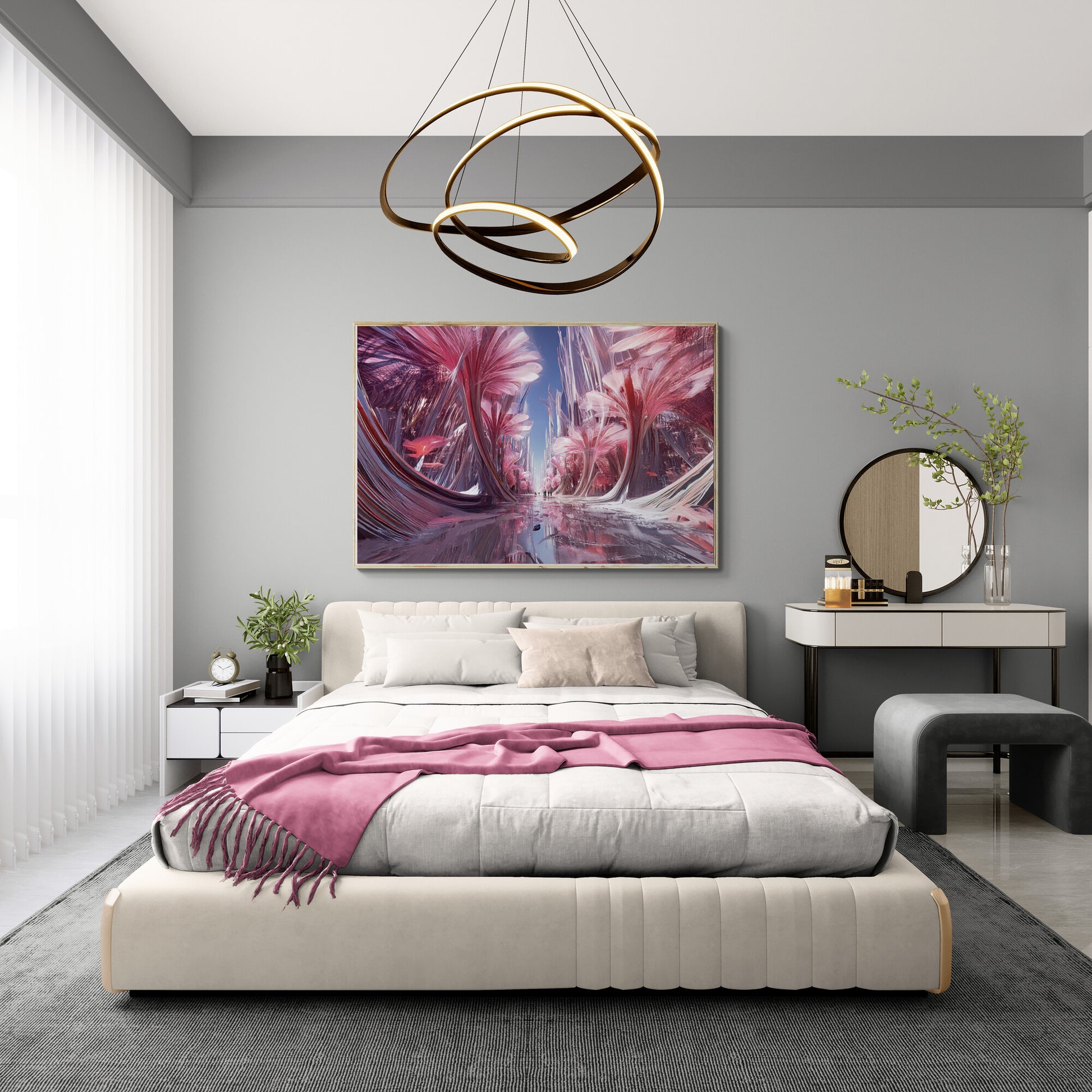 Modern oversized wall art depicting pink fantasy garden in a surreal reflective world displayed in a modern bedroom.