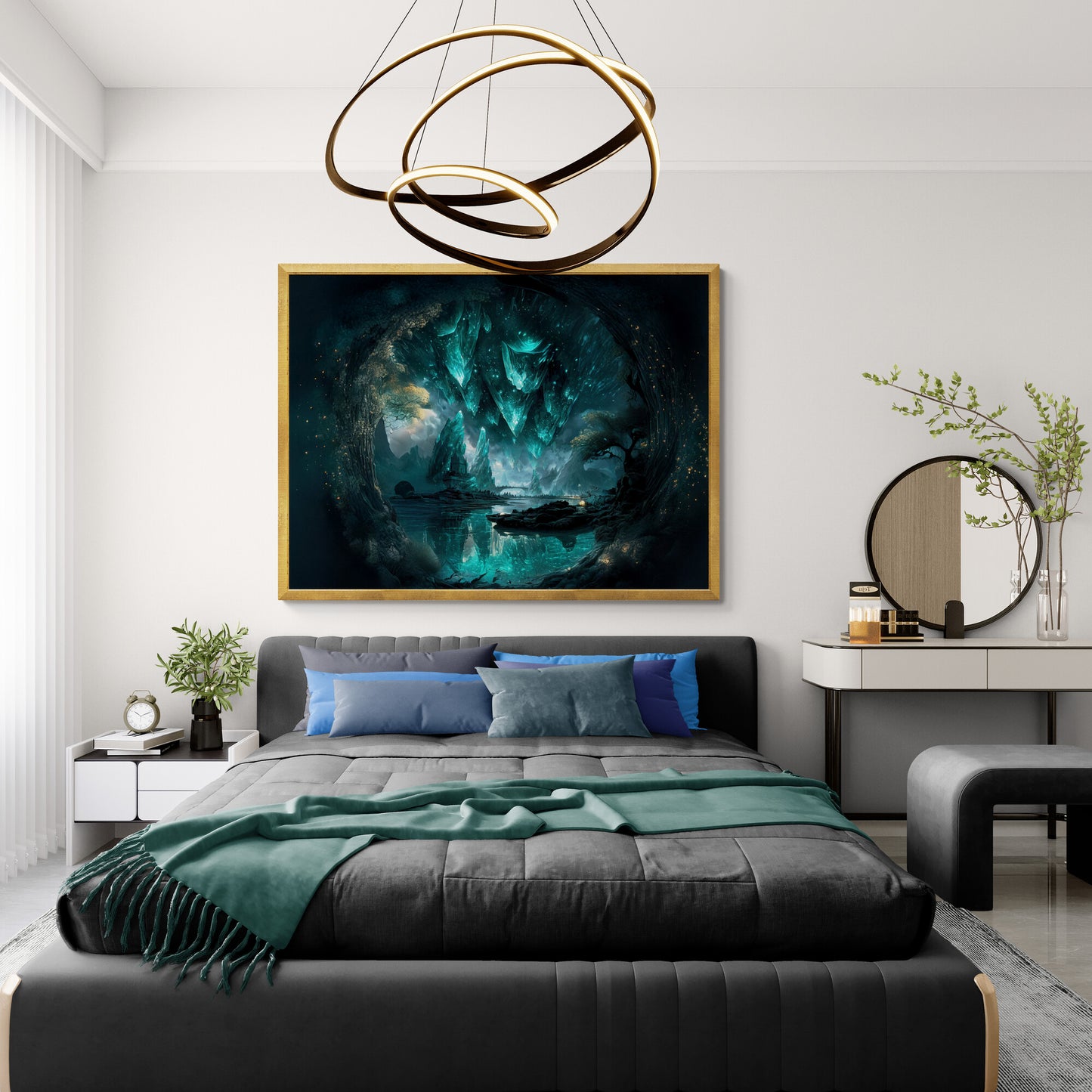 Surreal fantasy landscape of glowing turquoise crystal formations above a reflective lake, framed by trees, with mystical light illuminating the scene in modern bedroom.