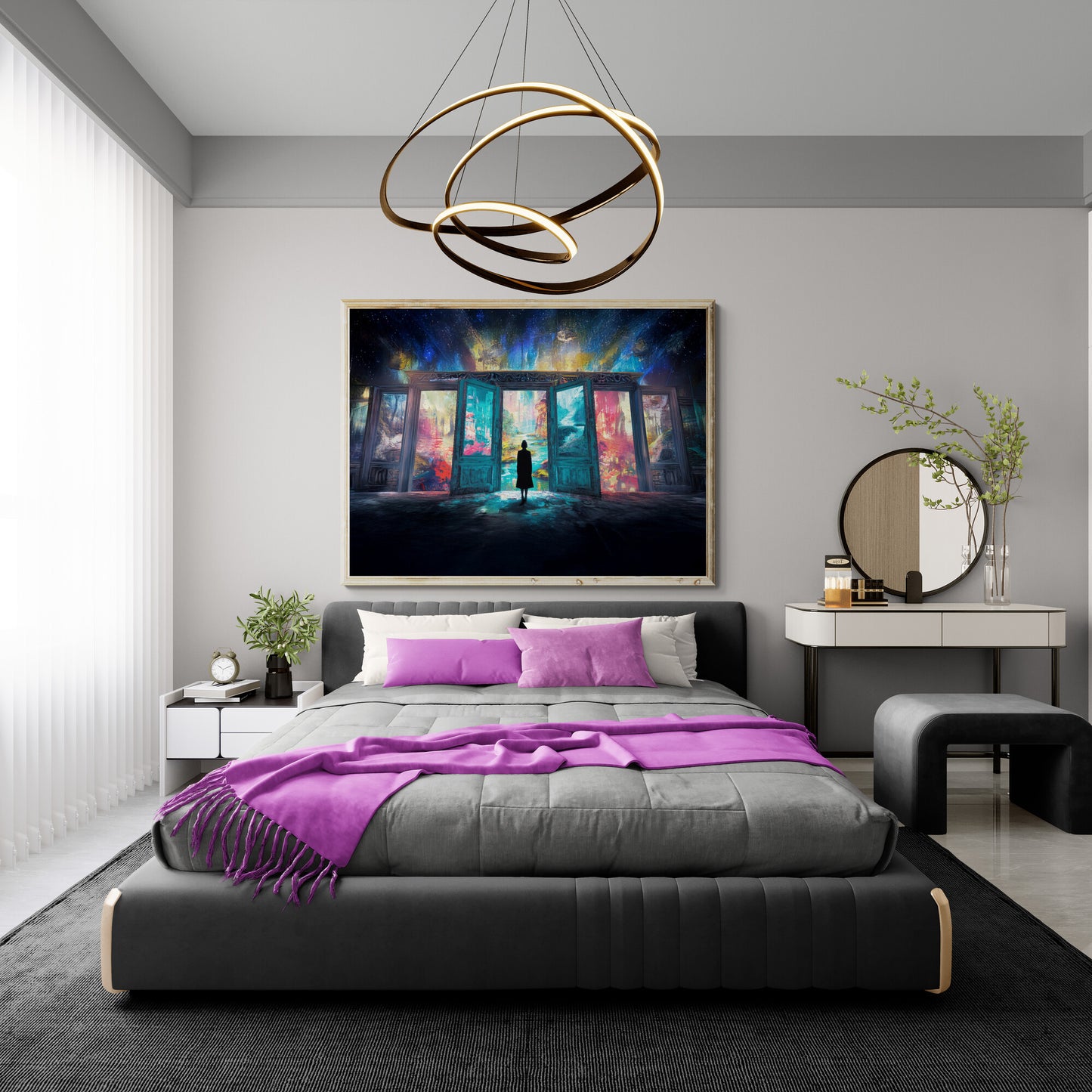 Fantasy wall art featuring a silhouetted figure facing luminous doors to infinite, colorful dream worlds under a cosmic sky — a surreal journey between imagination and reality