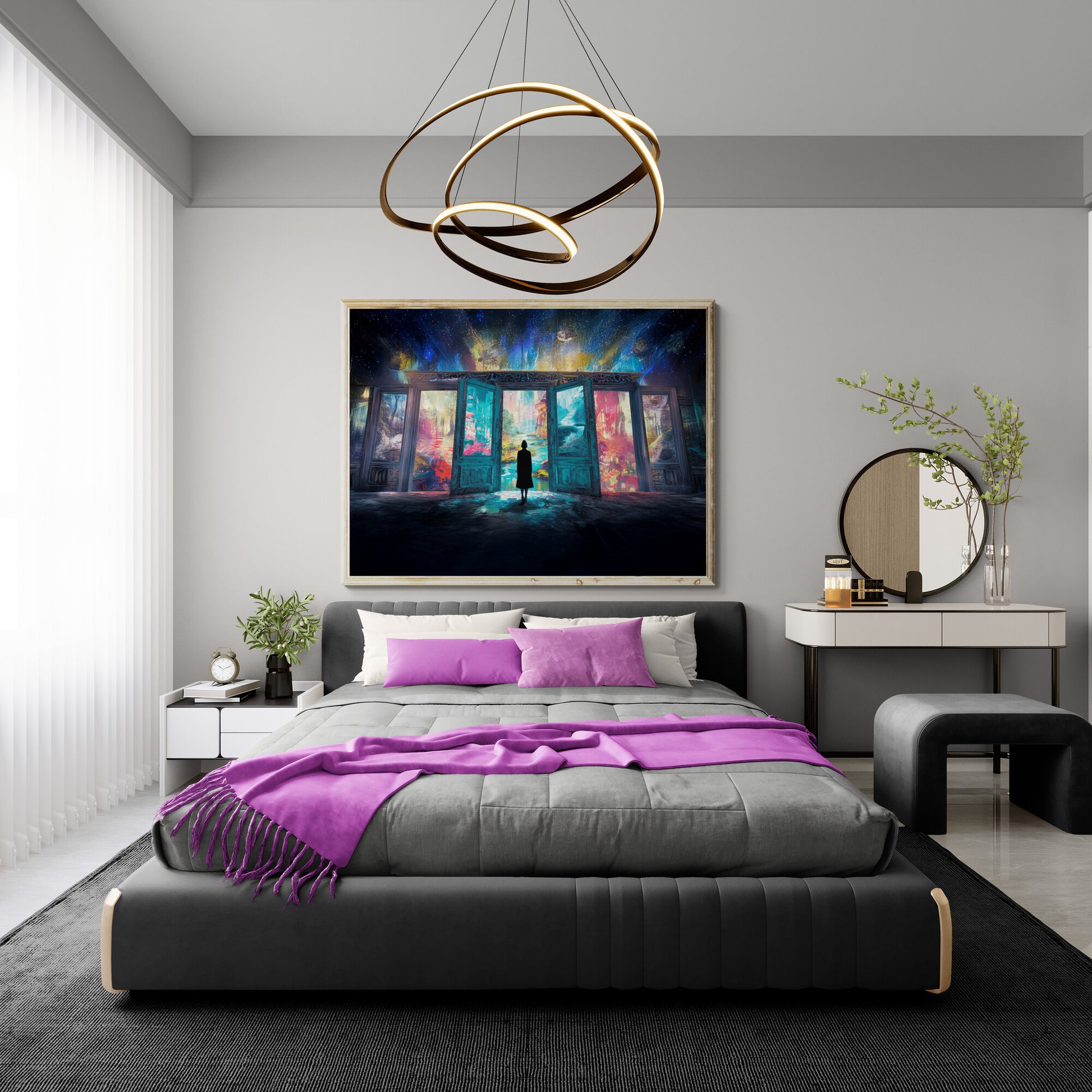 Fantasy wall art featuring a silhouetted figure facing luminous doors to infinite, colorful dream worlds under a cosmic sky — a surreal journey between imagination and reality
