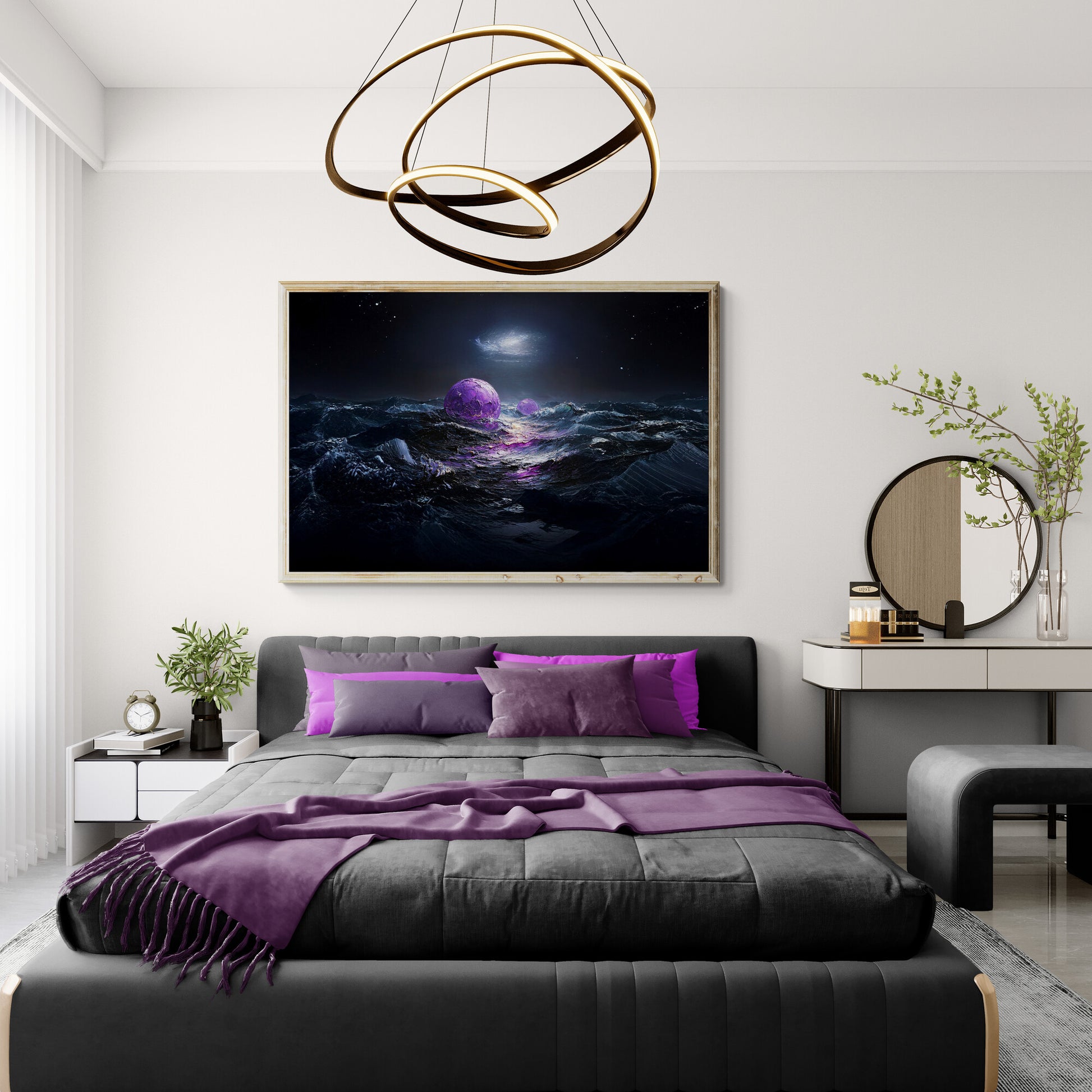 Modern bedroom with a bed, purple accents, and framed artwork of surreal cosmic ocean scene with glowing purple orbs floating on dark waves under a starry night sky, illuminated by a distant galactic light.on the wall.
