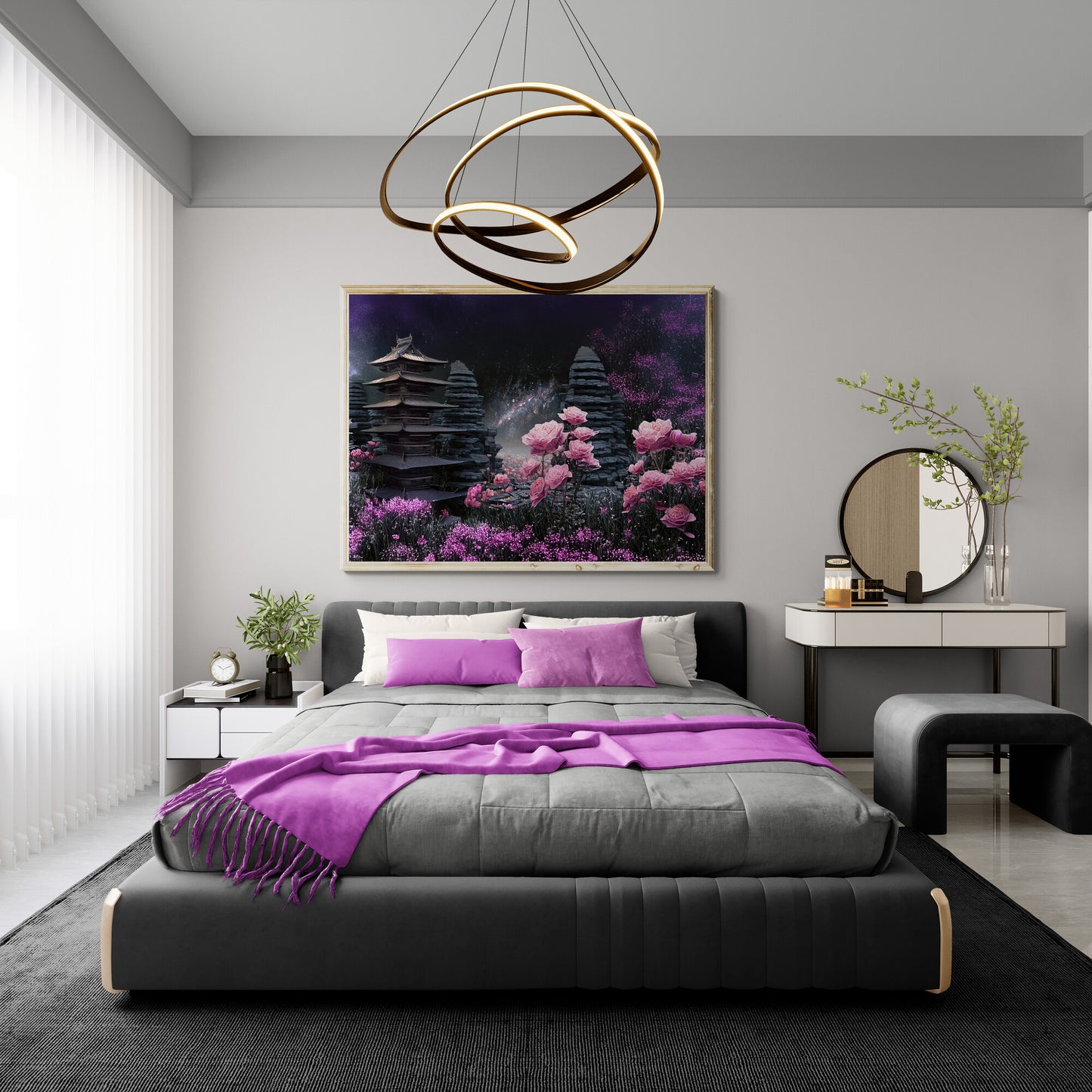 Surreal fantasy canvas print of glowing pink roses and an ancient pagoda in a cosmic garden