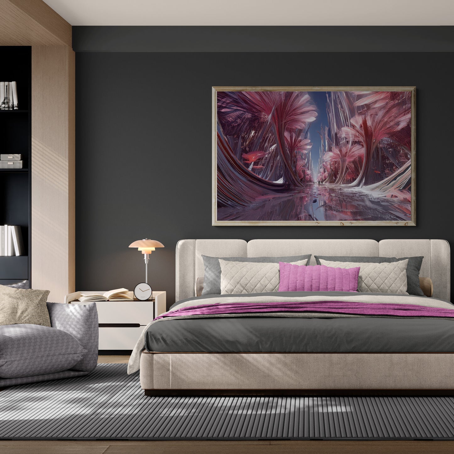 Fantasy landscape canvas print featuring reflective pathway and glowing pink crystal flowers displayed in a bedroom.