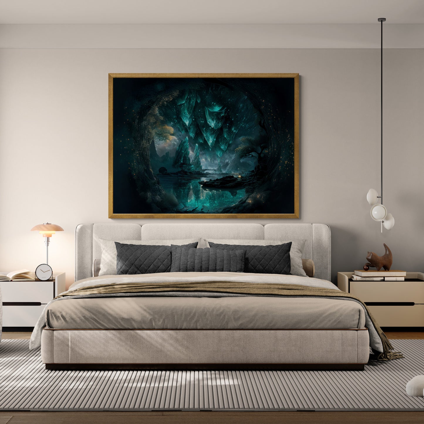 Modern bedroom with a large framed artwork above a bed