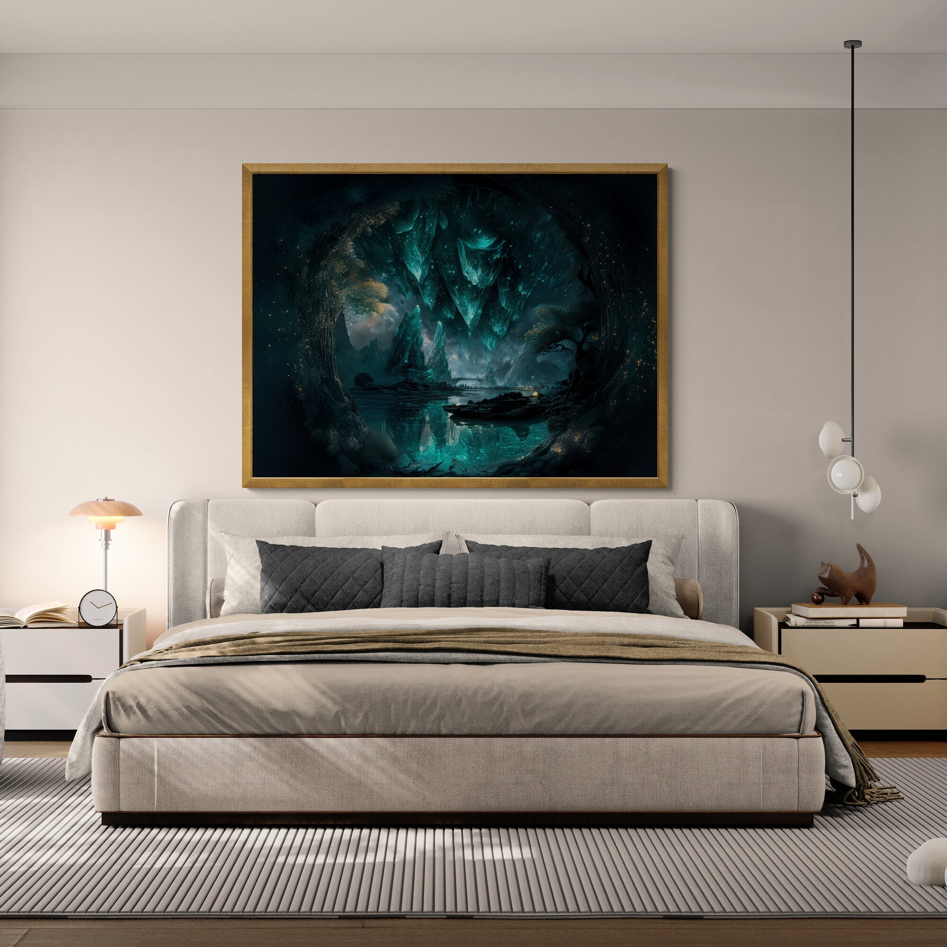 Modern bedroom with a large framed artwork above a bed
