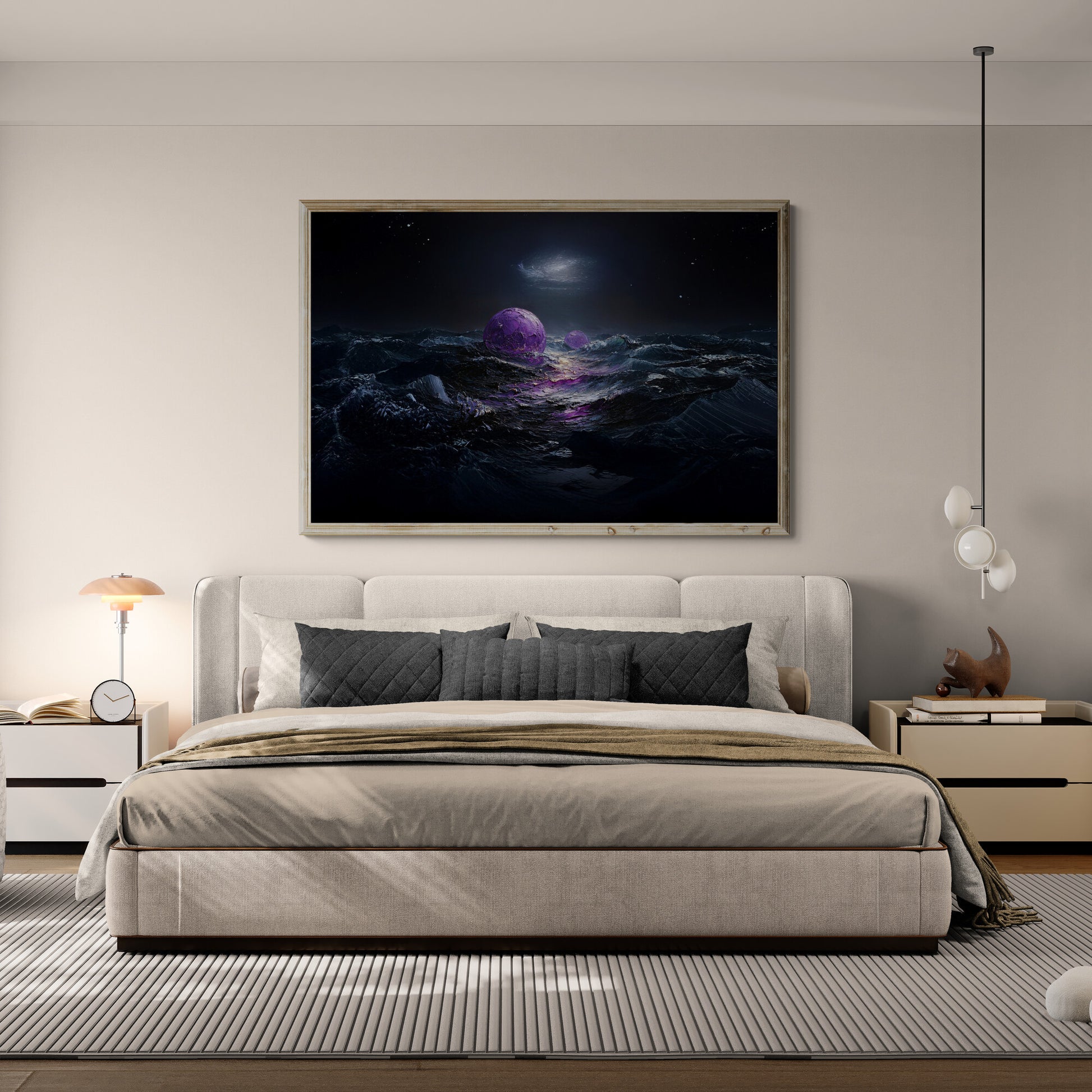 Surreal cosmic ocean scene with glowing purple orbs floating on dark waves under a starry night sky, illuminated by a distant galactic light in modern bedroom.