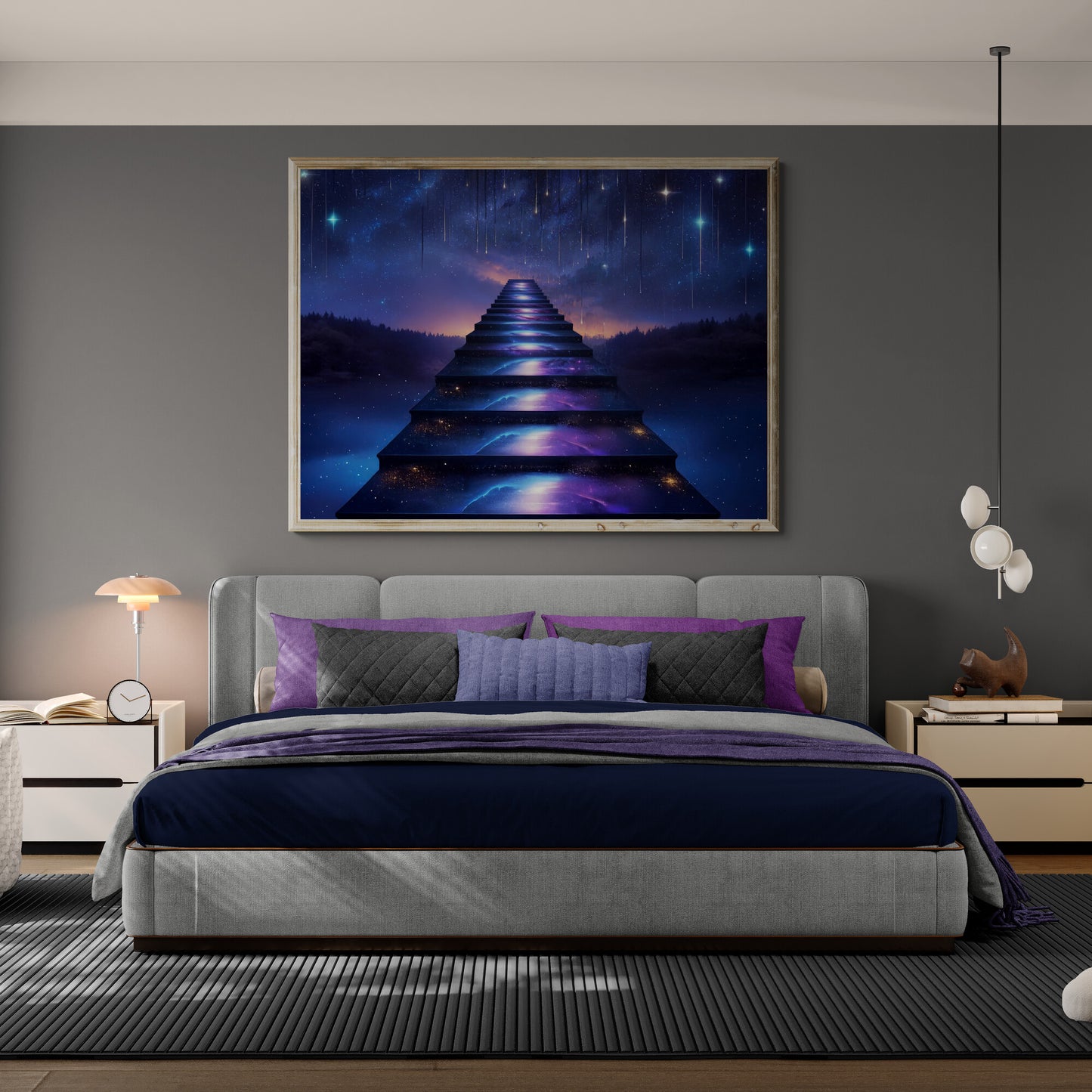 Fantasy wall art depicting a glowing staircase rising into a galaxy-filled night sky, symbolizing ascension, dreams, and cosmic wonder — a luminous surreal canvas print for imaginative interiors.