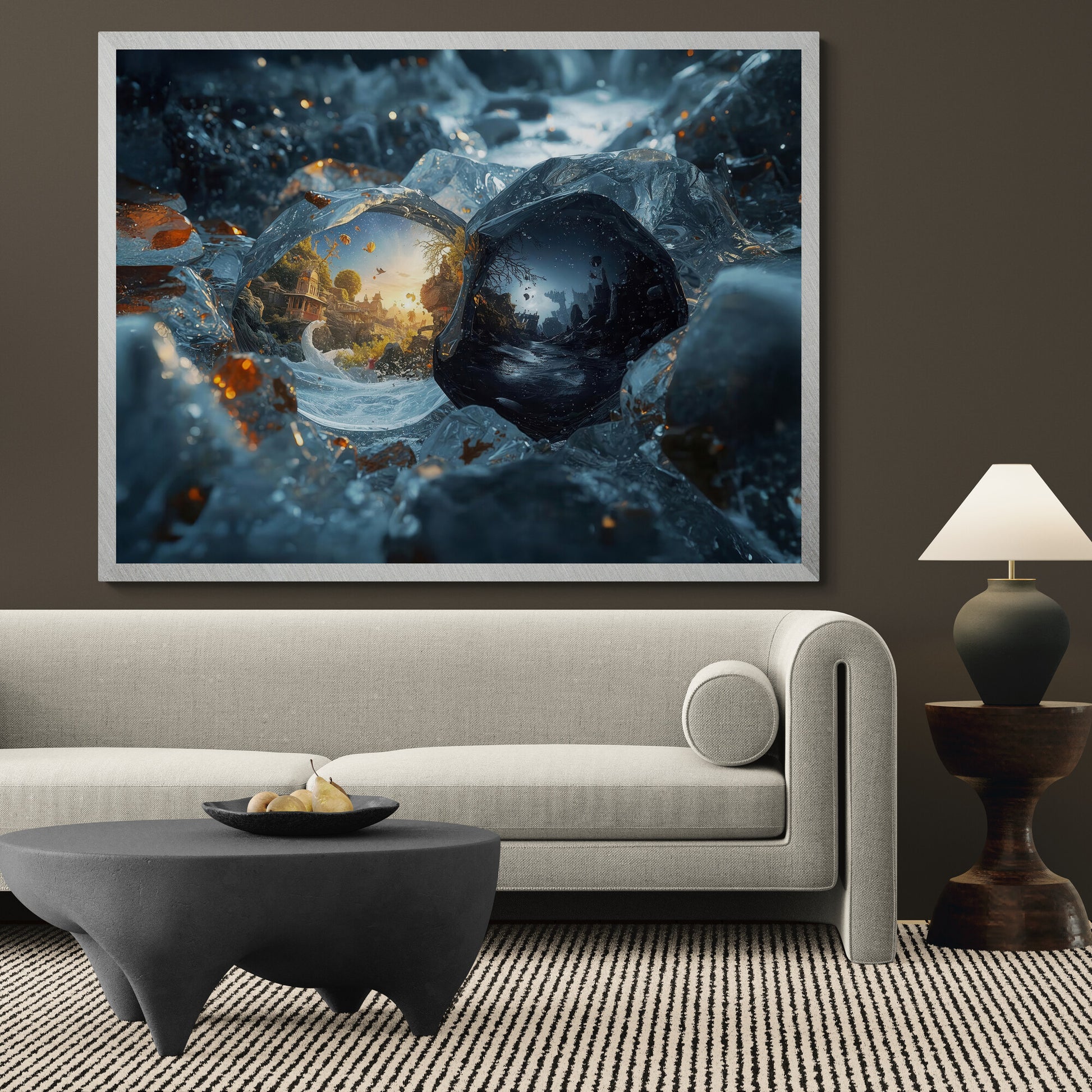 “Between Light and Shadow” — a conceptual fantasy artwork portraying dual miniature realms trapped within translucent crystal forms: one glowing with golden daylight and lush temples, the other shrouded in moonlight and mystery. Symbolizes balance, transformation, and the beauty of opposites.