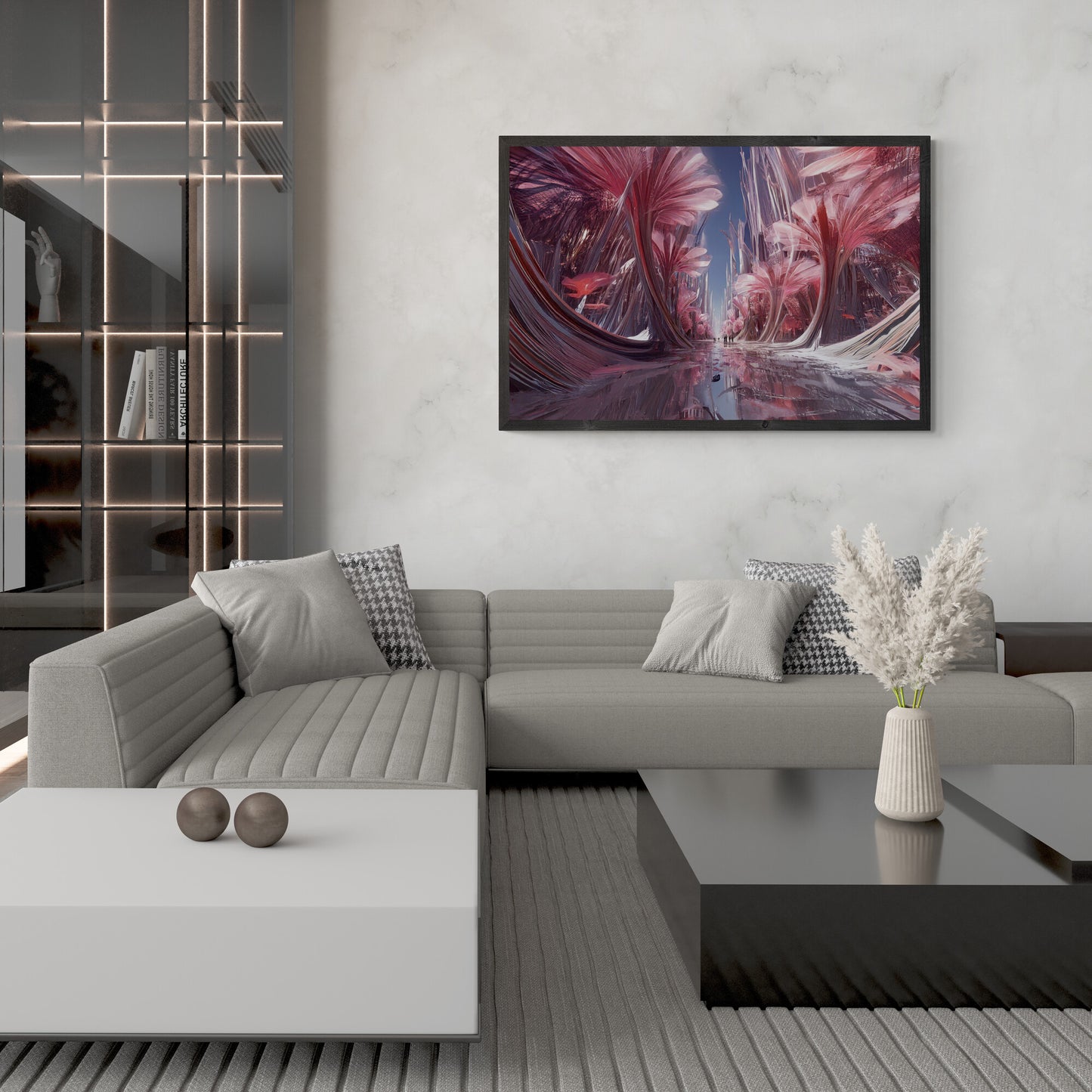 Fantasy landscape canvas print featuring reflective pathway and glowing pink crystal flowers in modern living room.