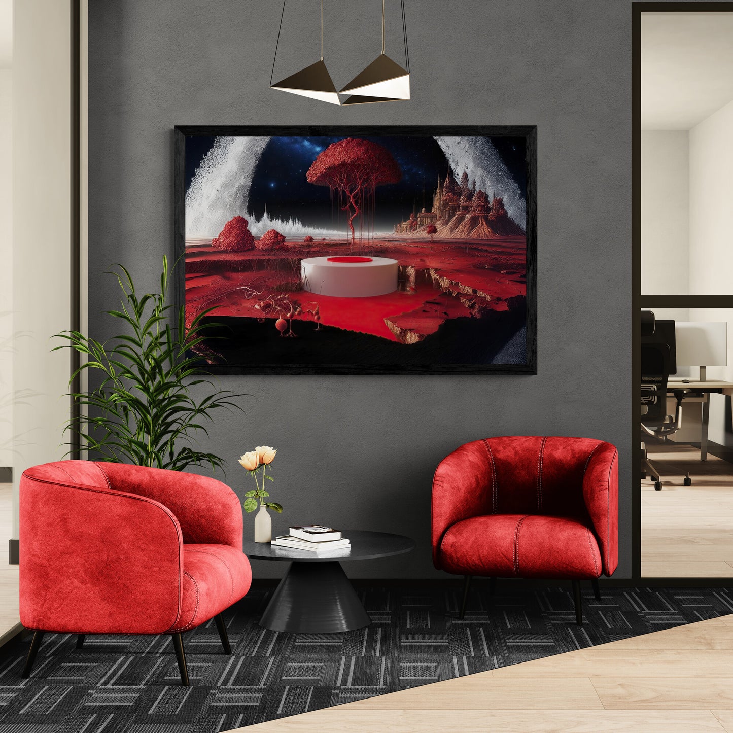 Large red cosmic dreamscape canvas displayed above two red modern chairs, bold surreal fantasy wall décor.