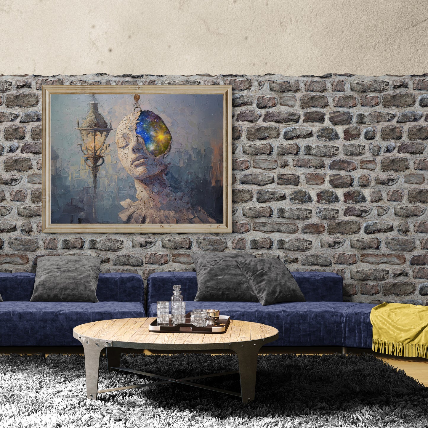 Large Cosmic Mind canvas above sofa, surreal fantasy wall décor in horizontal format.