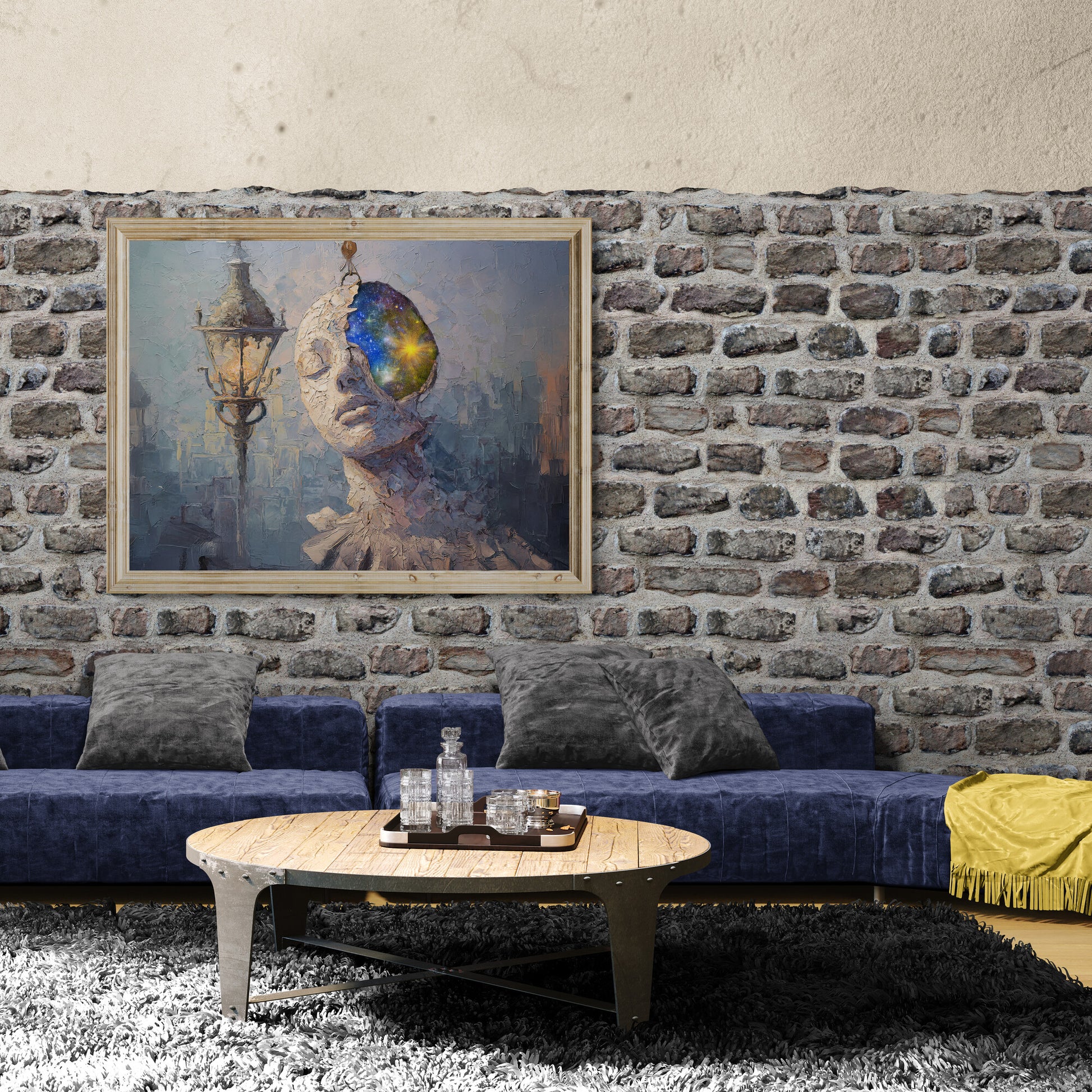 Large Cosmic Mind canvas above sofa, surreal fantasy wall décor in horizontal format.