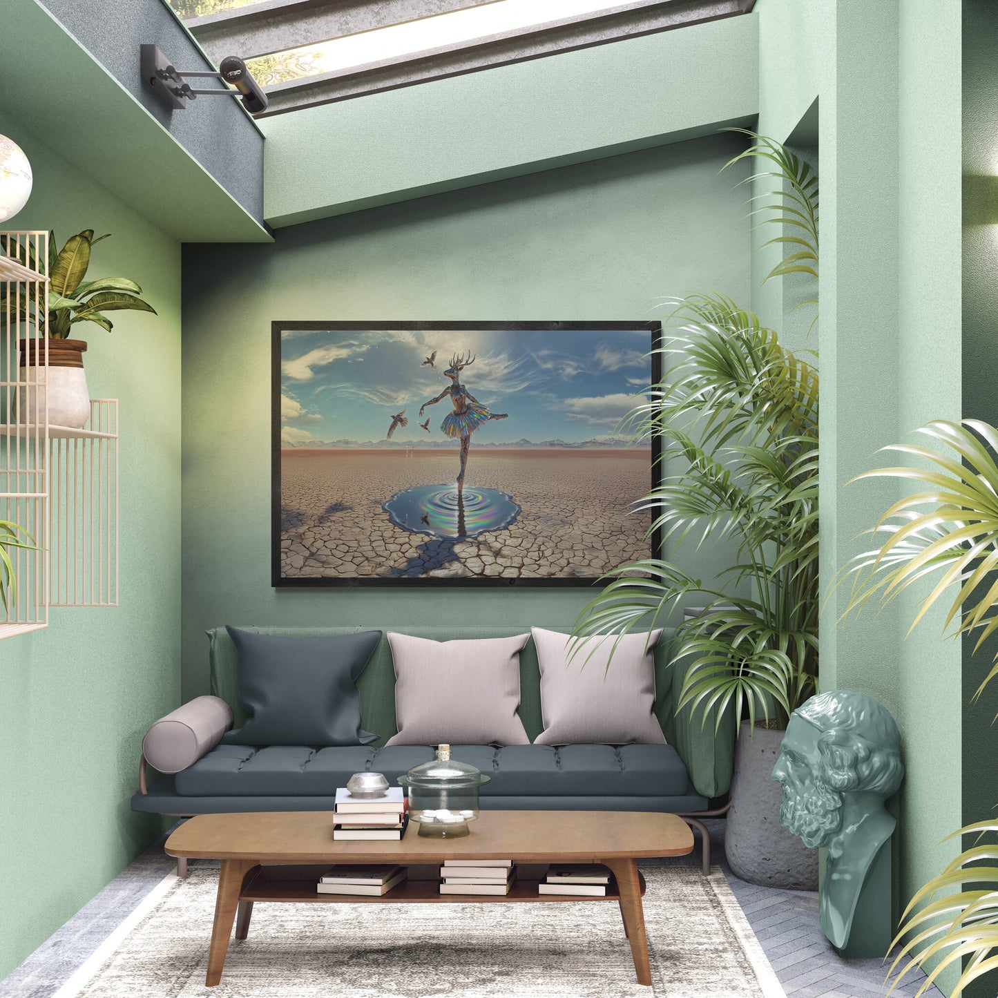 Horizontal deer ballerina canvas wall art, surreal fantasy dance print with dreamlike details above sofa.