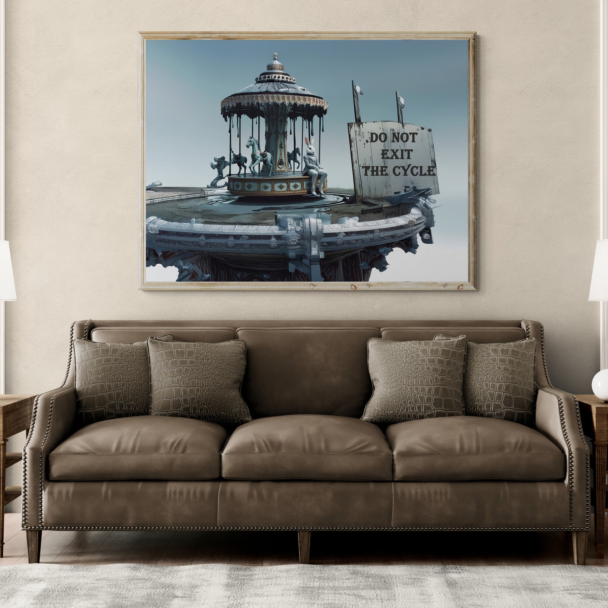 Surreal artwork of a white rabbit sitting on a carousel with pale blue horses beside a weathered sign that reads 'Do Not Exit the Cycle' against a muted sky.