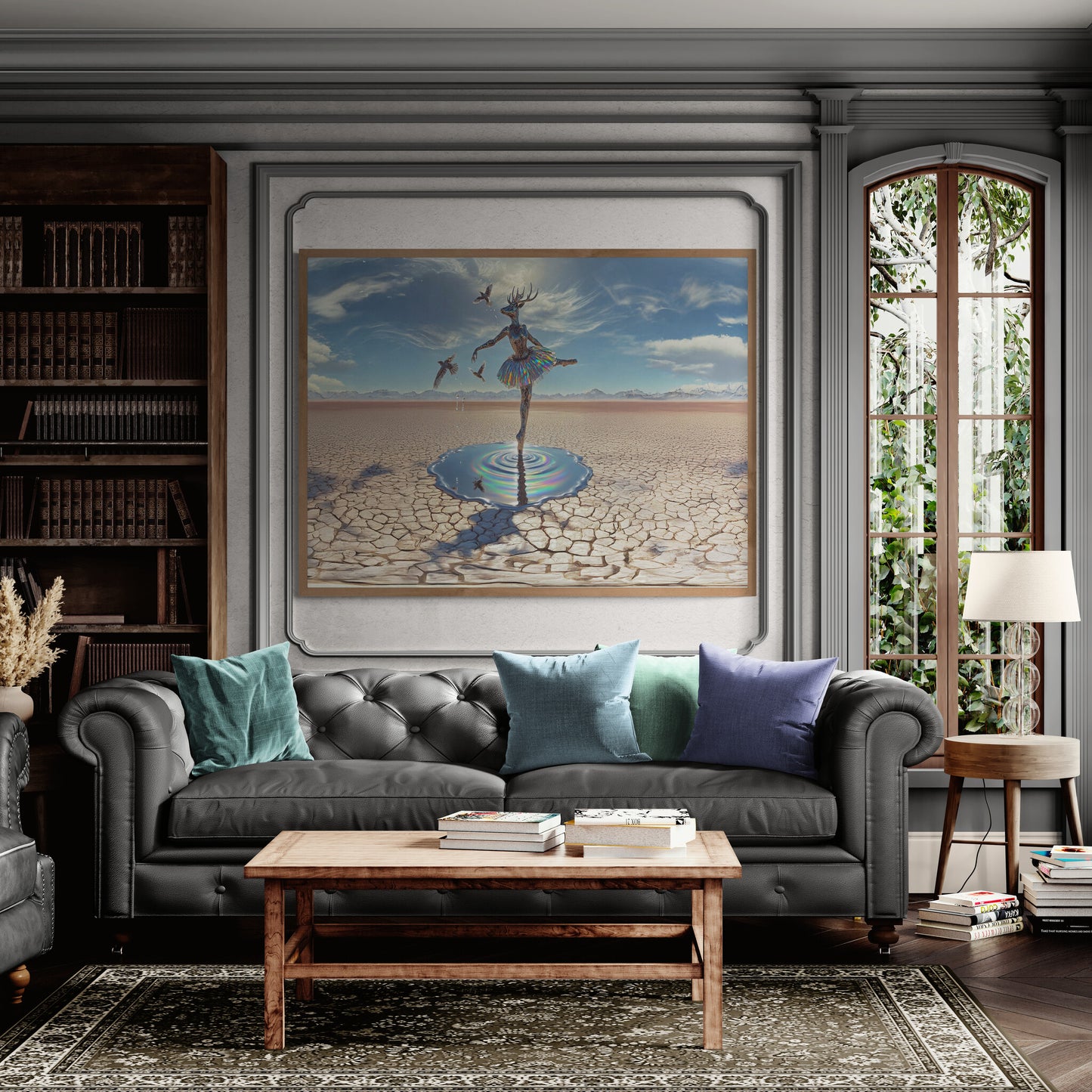 Large horizontal deer ballerina canvas displayed above sofa, surreal fantasy wall art décor.